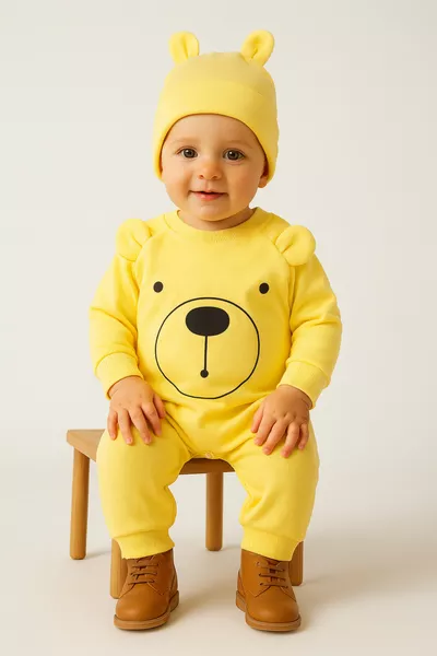 Tutina per bebè con cappello e volto sorridente