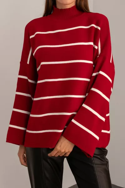 المرأة سترة كبيرة الحجم مخطط نصف الياقة المدورة تريكو