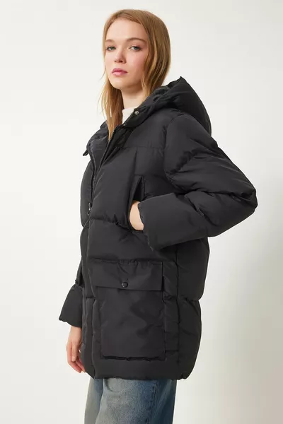 معطف نسائي أسود بغطاء للرأس 