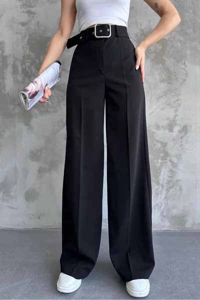 بنطال بالازو واسع الساق بخصر مرتفع وحزام للنساء باللون الأسود