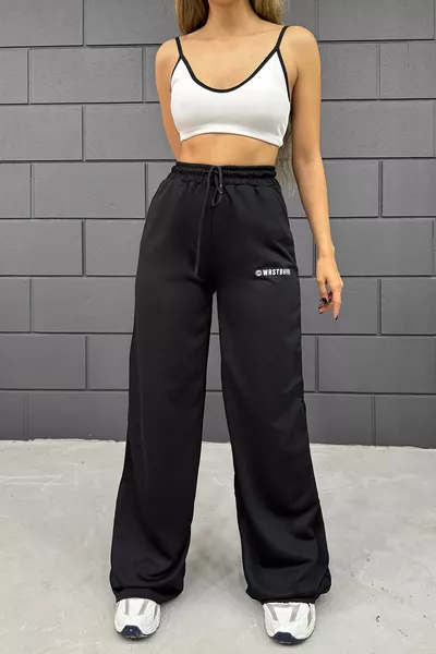 سروال رياضي نسائي واسع الساق مطبوع باللون الأسود