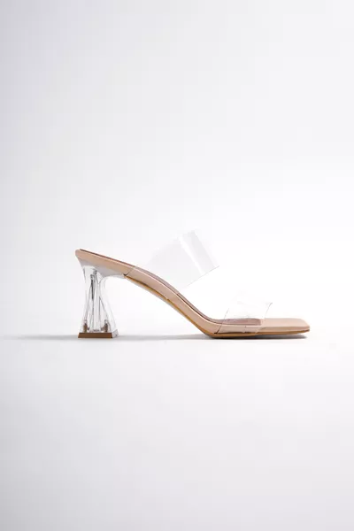 حذاء نسائي شفاف بكعب شفاف مع شريط شفاف مضمون 