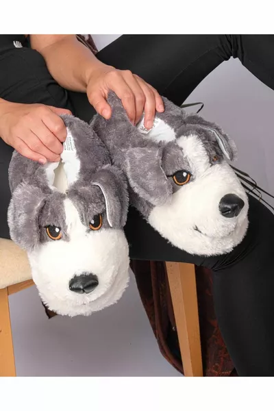 شبشب منزلي فخم ببطانة فروية بلون الدخان، مزود بصورة كلب، ضد الانزلاق، مريح للجنسين