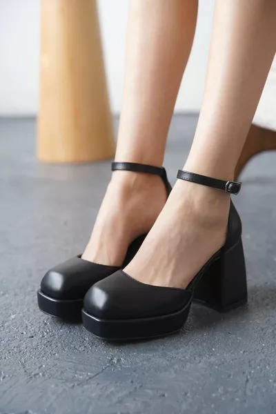 حذاء بكعب عالي منصة غاندر نسائي - أسود جلد