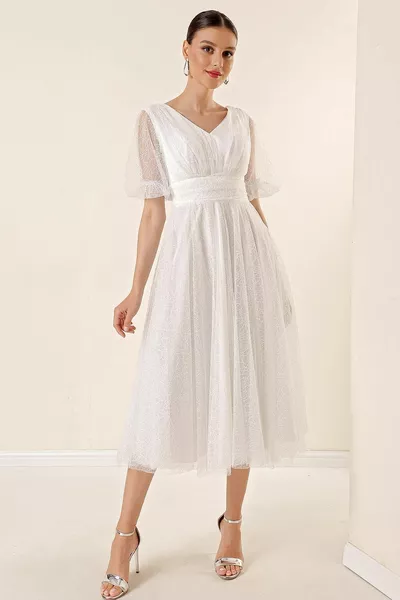 Ön Arka V Yaka Kısa Balon Kollu Astarlı Örümcek Desen Simli Tül Midi Elbise Ekru