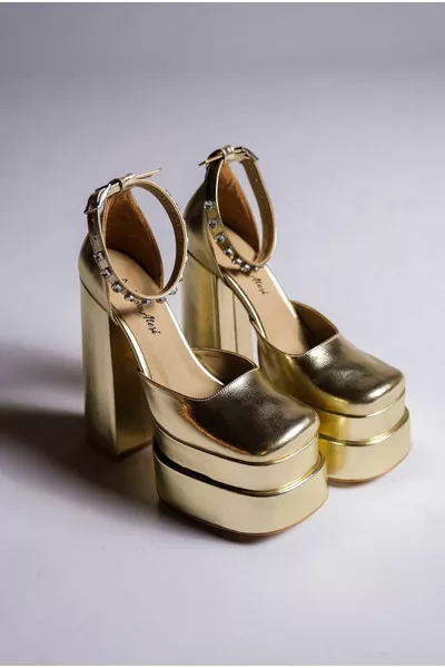 الذهب تجعد منصة مزدوجة تصميم فستان الزفاف أحذية نسائية Figow