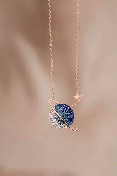 Women's Adjustable Silver Chain Rose Plated Colored Stone Planet Model Necklace