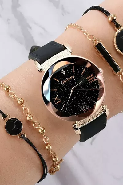 Kadın Kol Saati Lüks Moda Şık Trend Bayan Set Saat Siyah Renk