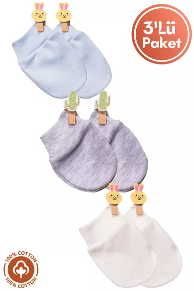 Baby Boy Newborn Cotton Organic Baby Mittens 3-Piece Set - Blue
