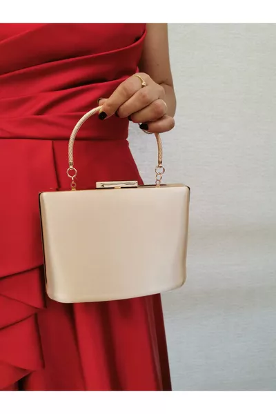Women's Satin Skin Nude Gold Evening Clutch Bag with Accessories