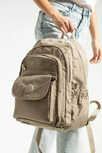 Zaino scolastico unisex beige, grande, con più scomparti, impermeabile