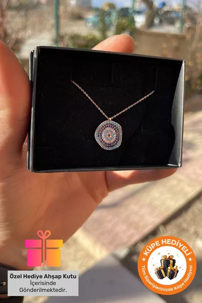 قلادة مع مَرضعة عين الحسد مع صندوق هدية، مطلية بالفضة، قلادة بمسبحة عين الحسد المتموجة