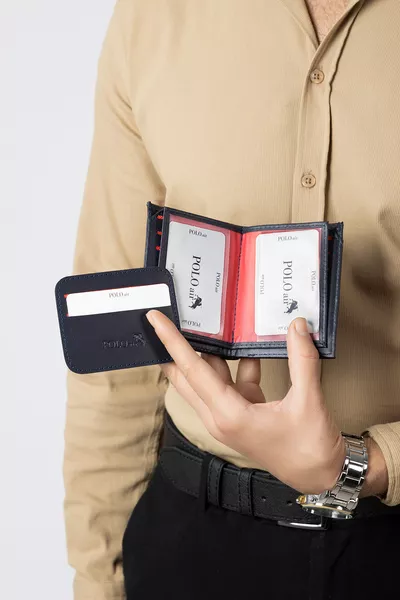 محفظة رجالية ونقود جلدية بنقشة رقعة الشطرنج باللون الأزرق الداكن