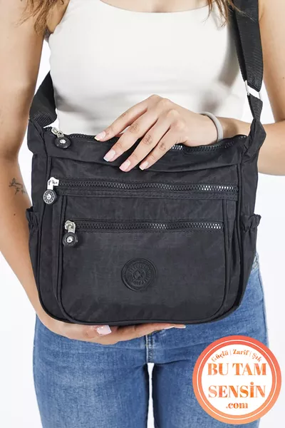 Черная женская водонепроницаемая сумка через плечо среднего размера с 4 отделениями и резинками по бокам, из ткани кринкль