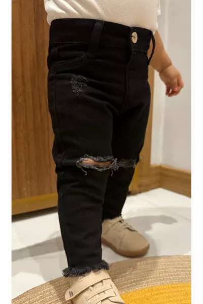 Kids' Black Denim Pants with Ripped and Cut Details