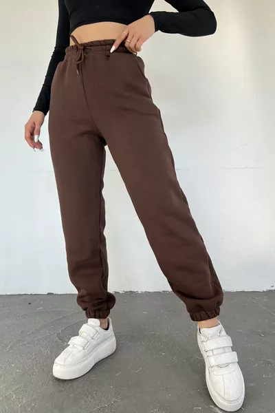 Kadın Kahverengi Kışlık Kalın Içi Polarlı Yüksek Bel Paçası Lastikli Basic Jogger Eşofman Altı