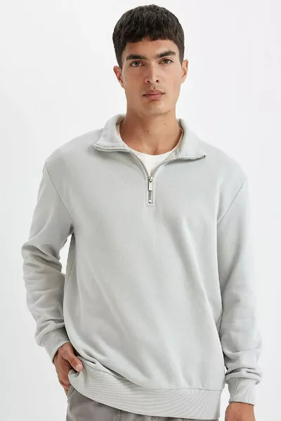 سويت شيرت بسيط بسحاب وطوق مرفوع، قصة مريحة عادية، au