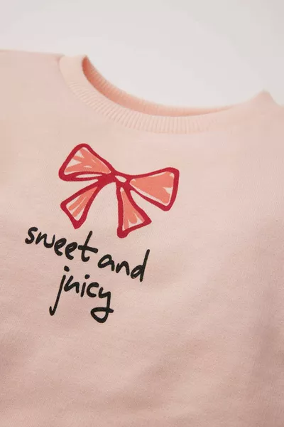 Kız Bebek Bisiklet Yaka Baskılı İçi Yumuşak Tüylü Sweatshirt SP