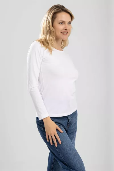 Damen Baumwoll-Rundhals Langarm Basic Shirt Weiß
