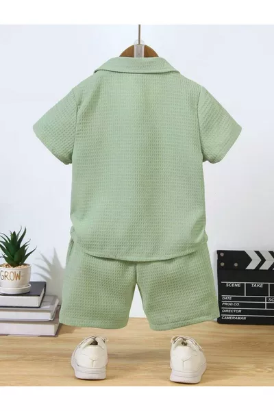 V-Neck Shirt Detailed Cotton Waffle Shorts Set-Green