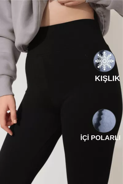 بنطال ضيق نسائي شتوي أسود بخصر مرتفع، داخله مبطن بفوال بولار، مشد مصمم لتحديد القوام، من نسيج إنتيرلوك وقماش صلب مطرز