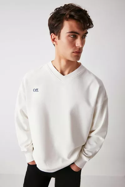 Felpa Bianca Oversize da Uomo con Scollo a V, Ricamo Estivo, % Cotone Organico, Interno Non Foderato