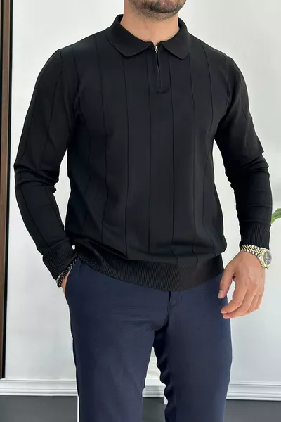 Мужской сезонный свитер с полуполной застёжкой на молнии и воротником-поло, черный 