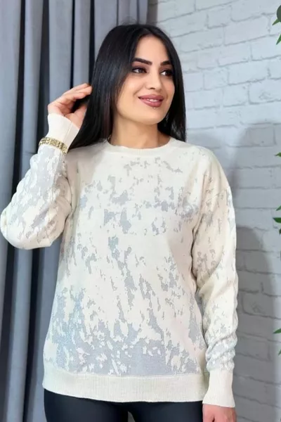 Женский джемпер с круглым вырезом, кремово-серый с блестящими деталями, с батик-принтом, новый сезон, эластичный трикотаж с лайкрой