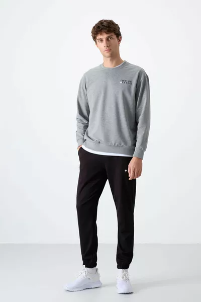 Grijs Melange - Zwart Casual O-hals Elastische Broekspijpen Katoenen Heren Oversized Trainingspak - 