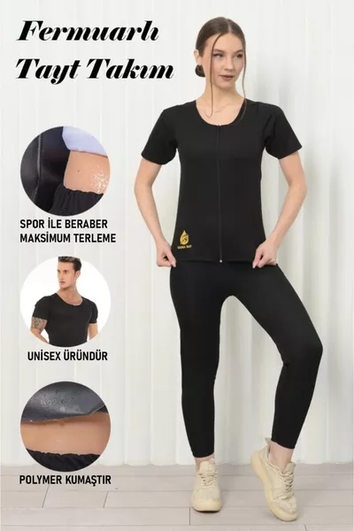 طقم حراري نسائي يتكون من أعلى حراري يسبب التعرق بشكل كبير وسروال حراري، مع سروال حراري بسحاب وأكمام قصيرة