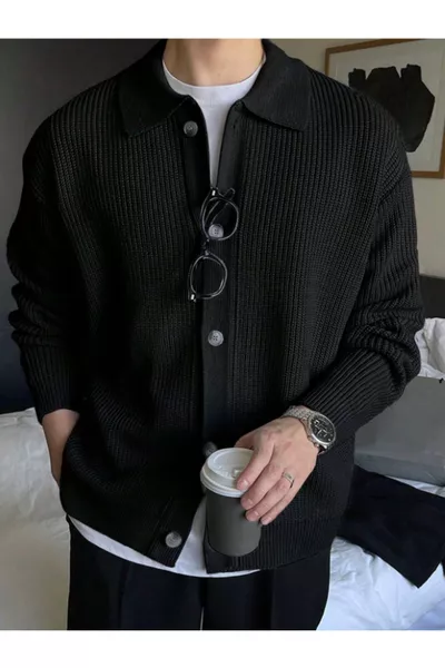 Heren Zwarte Trui met Knopdetails en Regular Fit Overhemdkraag