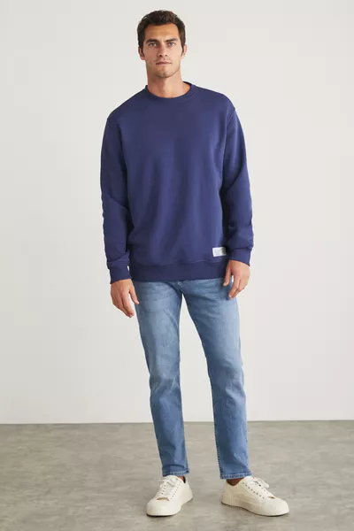 Sweat-shirt bleu marine pour hommes Travis, en tissu organique, doux, coupe régulière, col rond