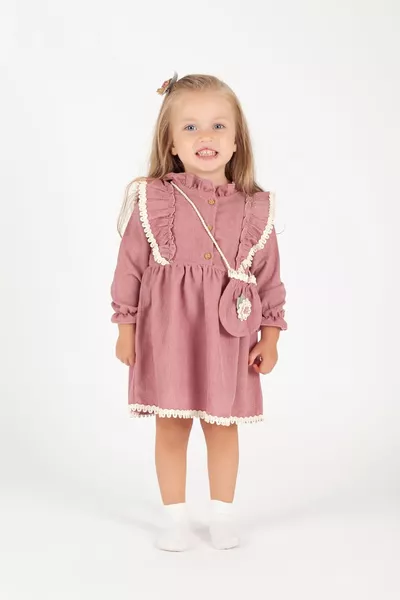 Kız Bebek Uzun Kol Papatya Desenli Çantalı Elbise