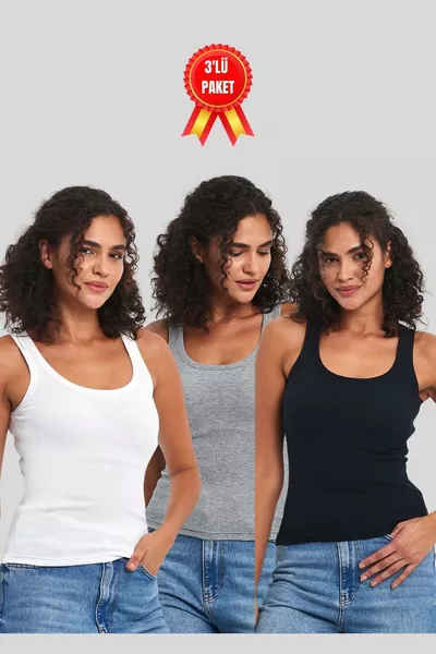 Дамски черно-бяло-сиво трико с релефен ефект, с тънки презрамки, комплект от 3 основни потника