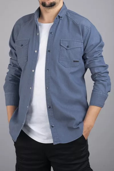 Slim Fit Erkek Pamuklu Kot Gömlek Mavi