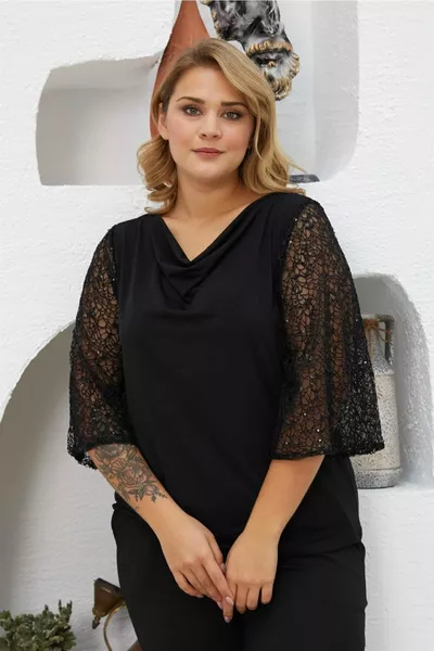 Plus Size Low Neck Sequined Long Sleeve Evening Blouse - Black