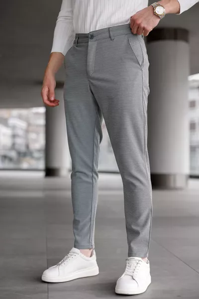 بنطال رجالي ضيق القصة رمادي داكن من الكتان مع ليكرا