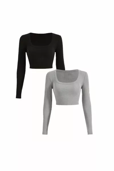 بلوزة نسائية بأكمام طويلة، رقبة مربعة، توب قصير مضلع، طقم 2 قطعة