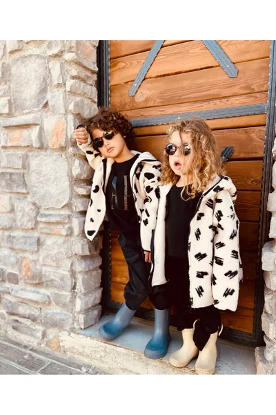 Unisex Kids Cream Color Fleece-Lined Hooded Cardigan