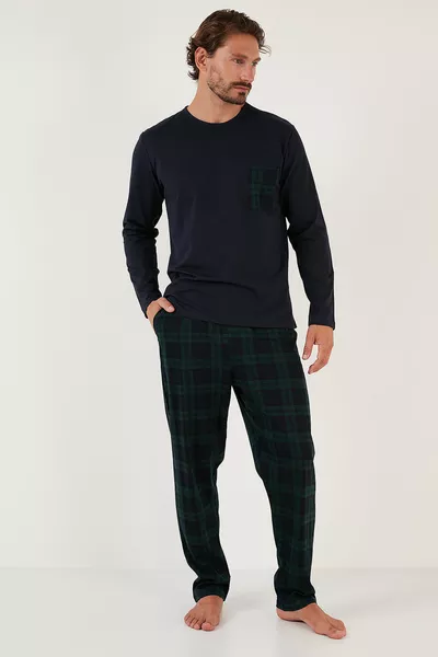 طقم بيجامة رجالي بجيوب وخصر مطاطي، مربعات، قماش قطن %، قياس منتظم 