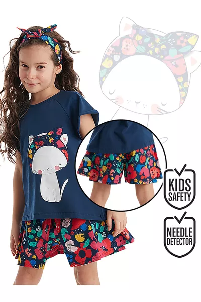 Blumiges Katzenmädchen Kinder Marineblaues Sommer-T-Shirt Poplin-Shorts-Set