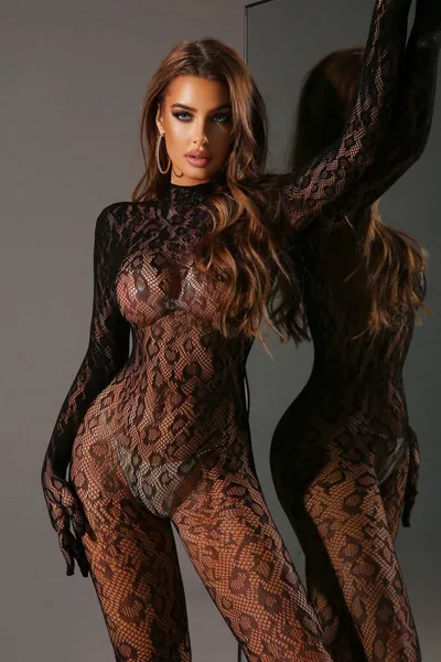Leopard Print Transparent Mesh Jumpsuit – Long Sleeve Gloves Bodysuit