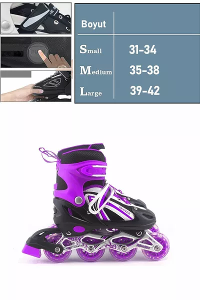Pattini da pratica viola regolabili 2+1 con luci, corpo in alluminio, con borsa regalo e luci