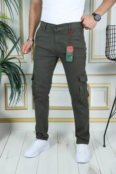 Heren kaki cargobroek met stretch, elastisch gabardine/canvas, zakken met plooien, commando cargozak, stijlvolle broek