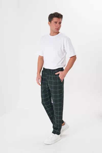 بنطال بيجامة رجالي أنيق ومريح بجيب، من القطن، بنقشة مربعات، بخصر مطاطي، باللون الأخضر الزيتوني 