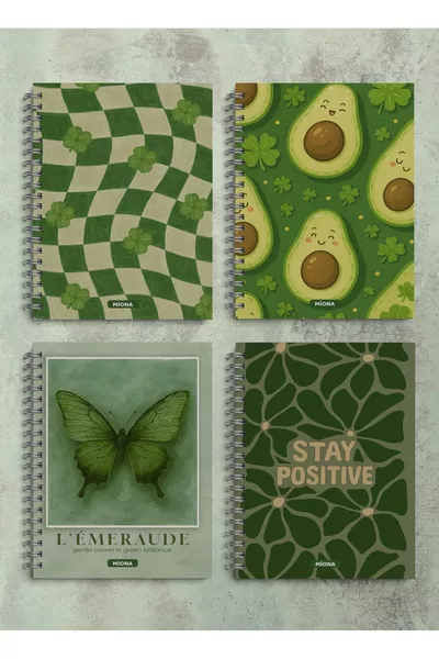  Spiral School Notebook  Sheets 4-Pack Green Themed, 2 Grid-2 Lined