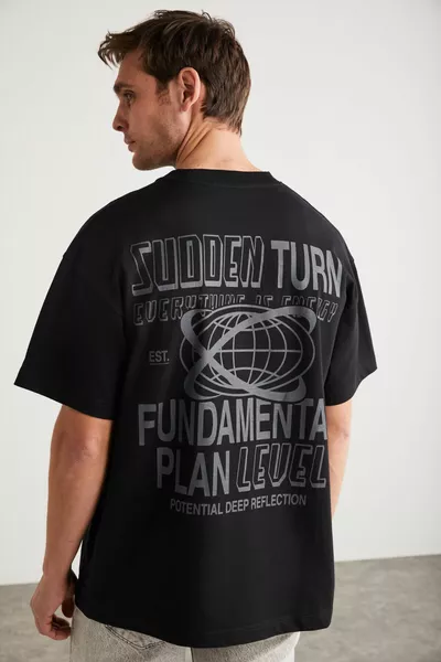 Apolo Herren T-Shirt mit Rückenprint, Oversize-Passform, kurzarm, aus % Bio-Baumwollstrick, schwarz