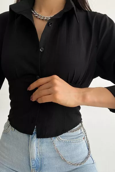 Дамска черна риза с еластични корсет с талия