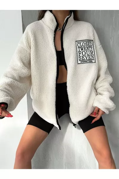 Closed Printed Slim-Fit Men's White Plush Jacket