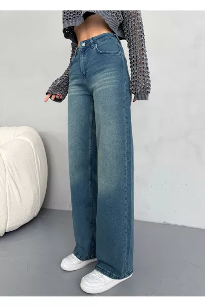 Damen High-Waist Vintage Palazzo-Jeans mit blassem Effekt